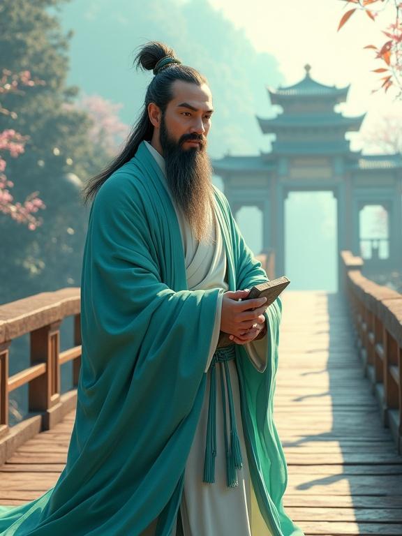 Confucius stands on an ancient bridge. He holds a jade tablet. Flowing cyan robe with water-like folds. Long beard flowing. Bathed in soft sunlight. Surreal ink wash style. Misty ancient bridge in the background. Ethereal Zen atmosphere. Confucius occupies one-quarter of the frame. Cinematic quality and epic composition.