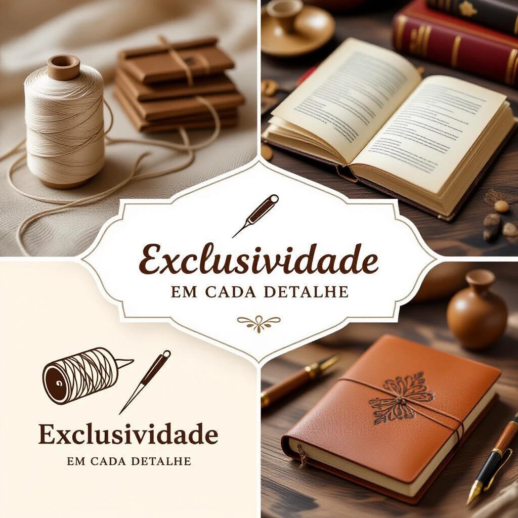 Elegant logo design for a bookbinding brand. Theme is personalized and creative. Visual elements are thread needle notebook cover opened pages. Highlights exclusivity in handcrafted details. Color palette is warm and refined. Phrase integrated is 'Exclusividade em cada detalhe'. Overall design is modern and visually striking for digital and print use.