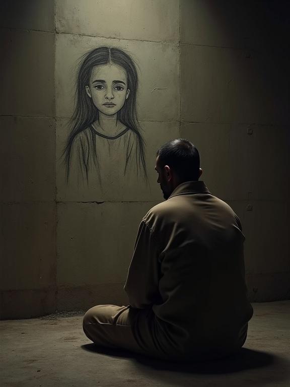 A Palestinian prisoner in brown clothes sits in a solitary confinement cell. Soft light comes through the darkness. He is drawing on the wall with chalk. Image depicts a touching moment of memory.