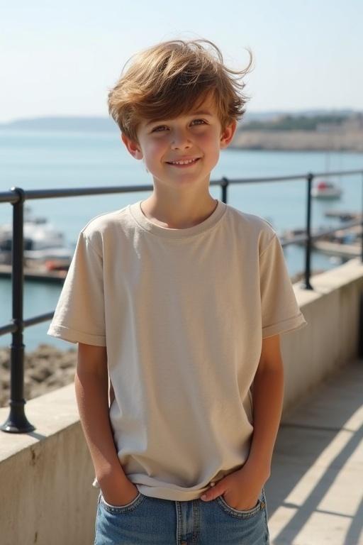 Young boy standing on a balcony. He wears a natural-colored T-shirt and blue jeans. Hands are in his pockets. Light brown hair is tousled. Background shows a scenic harbor in Normandy. The vibe is peaceful and inviting.