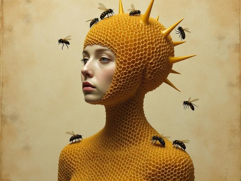 Surreal portrait of a person with a honeycomb head structure. Blends human and bee-like features. Face partially visible through hexagonal cells. One large prominent eye with a serene expression. Bees perched and flying around. Honeycomb head with antenna-like protrusions. Textured aged beige background. Intricate honeycomb patterns on shoulders.