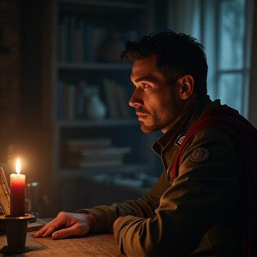 A middle-aged man sits at a wooden desk illuminated by flickering candlelight. He has black hair and a piercing gaze. His military uniform shows visible rank insignias. A cloak drapes over his shoulders. The room is filled with wooden furniture and has a calm atmosphere. The warm light highlights his face, while the rest of the room is a muted blue-gray. His expression shows solemnity and depth.