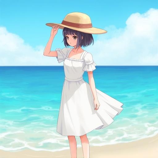 A girl stands at the seaside wearing a white dress and a straw hat. She is holding her hat with one hand. The ocean is in the background under a bright blue sky.