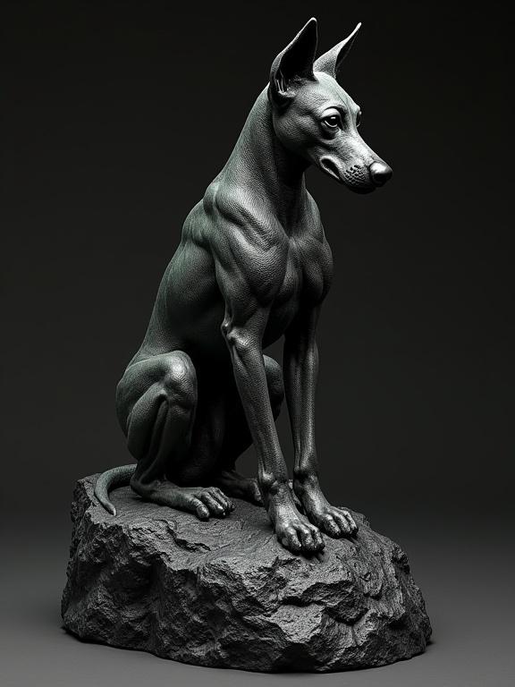 Sculpture of a fantasy dog figure posed on a rough black lava base. The work exhibits a dramatic atmosphere with textured details. The dog is portrayed in a classical artistic style.