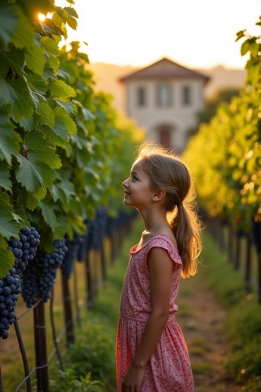 A young girl stands beside grapevines in a vineyard during golden hour. The girl looks down the row of vines filled with green leaves and blue grapes. Flowering plants peek through narrow paths between the vines. An old winery appears blurred in the background, showing southern French architecture. Ideal setting in late summer.