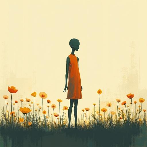 Silhouette of a human figure in an orange dress dancing in a garden filled with flowers. The figure is tall, thin, and genderless, against a soft background of warm colors. The composition conveys a dreamlike and surreal atmosphere with a minimalist style.