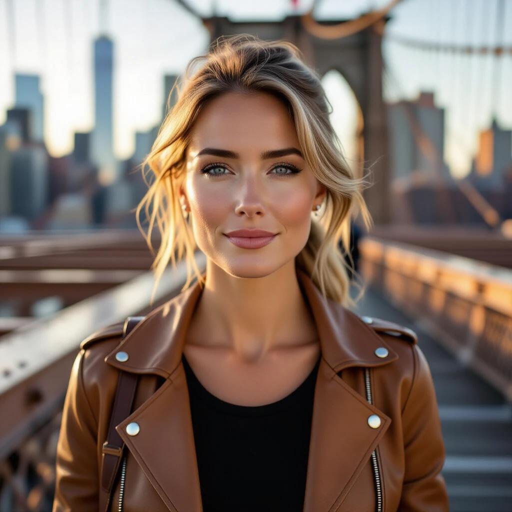 Ultra-high-resolution portrait of a woman with elegant blonde hair on the Brooklyn Bridge. She wears stone-washed jeans and a black tee. A tan leather jacket complements her urban explorer look. The iconic cables of the bridge create a soft focus background. The photograph captures natural light and raw beauty.