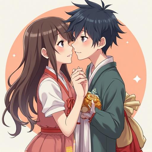 A young couple in traditional Japanese attire about to share a romantic moment. The boy has tousled black hair while the girl, with long brown hair, wears a white shirt and a red vest. They're holding hands, gazing into each other's eyes.
