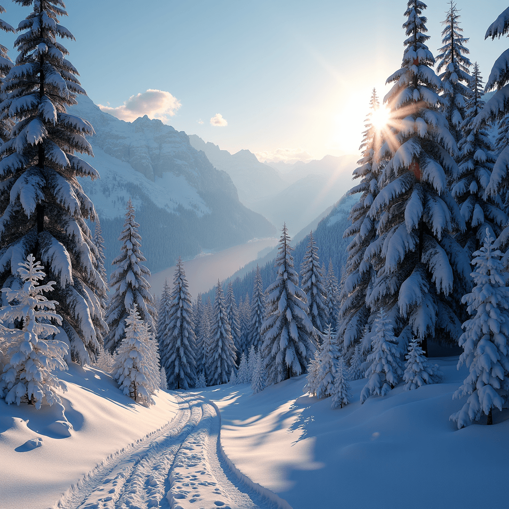 A serene winter landscape with snow-covered trees and mountains under a sunlit sky.