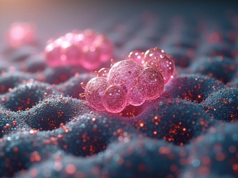 Close-up of molecular structures appearing as pink spherical forms on a textured surface. Illustration of advanced materials research with focus on semiconductor properties and self-assembly processes.