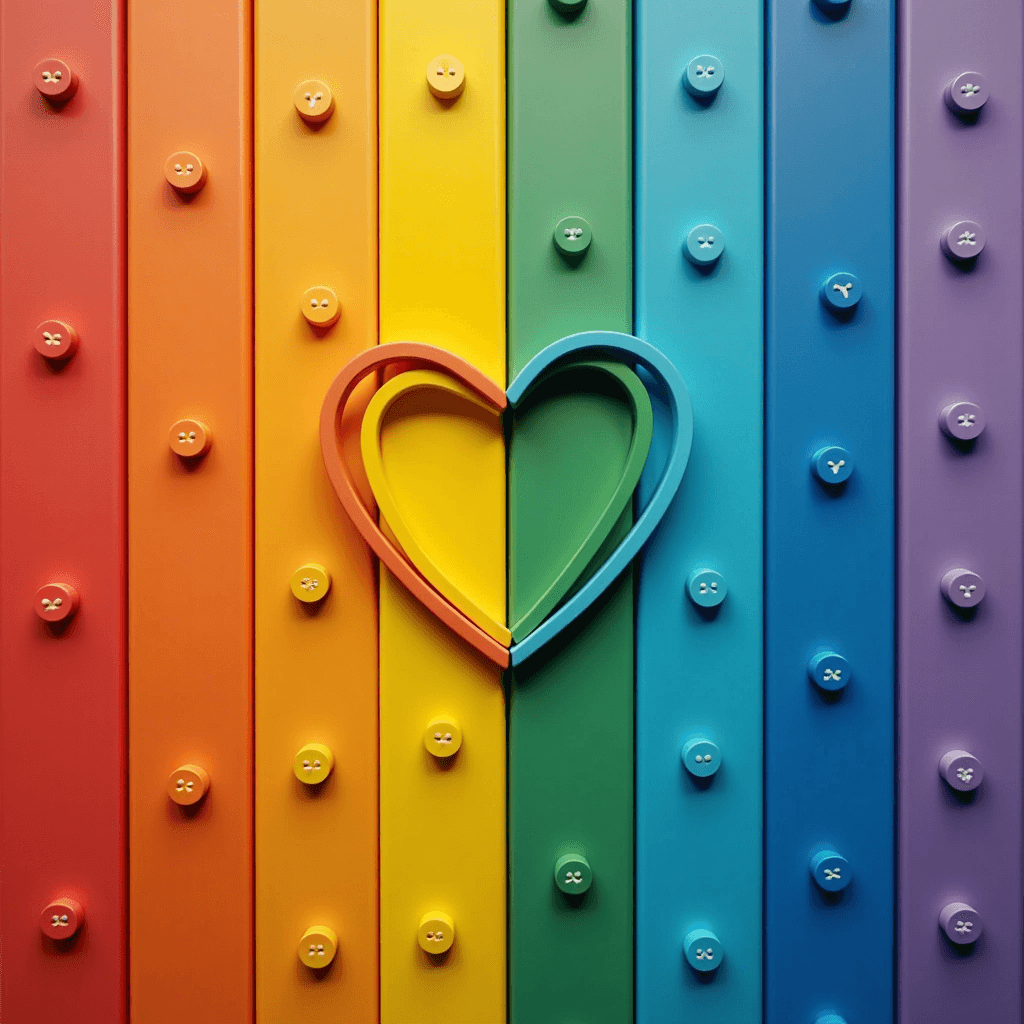 A vibrant, multi-colored wall with vertical stripes in rainbow colors, featuring a heart shape in the center and dotted with equidistant circular buttons.