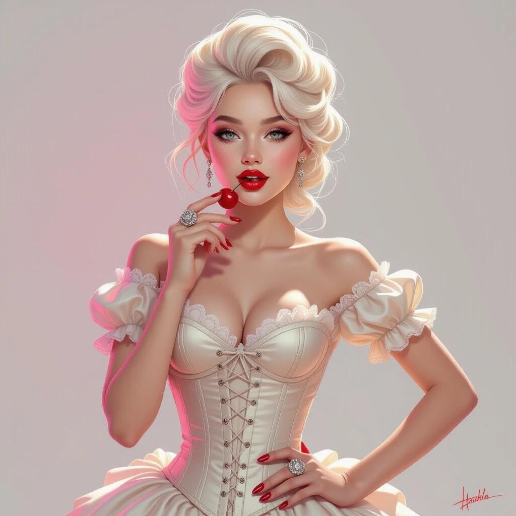 Sketch of a young woman with pale skin and platinum blonde hair styled in an elaborate updo wearing a lace corset. She holds a red cherry near her mouth with her right hand, red lips slightly parted. She's adorned with a large ring on her right hand, left hand on her hip. The background features a soft gradient of pink and white.