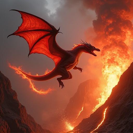 An epic red fire dragon in mid-flight above a volcanic landscape. The dragon is massive with crimson and molten-black scales. Its wings are vast and tattered, glowing like embers, breathing fire. Below, a volcanic eruption spews lava and ash, with molten rock cascading down cliffs. The sky is dark with smoke and glowing embers. The scene captures chaos and raw power.