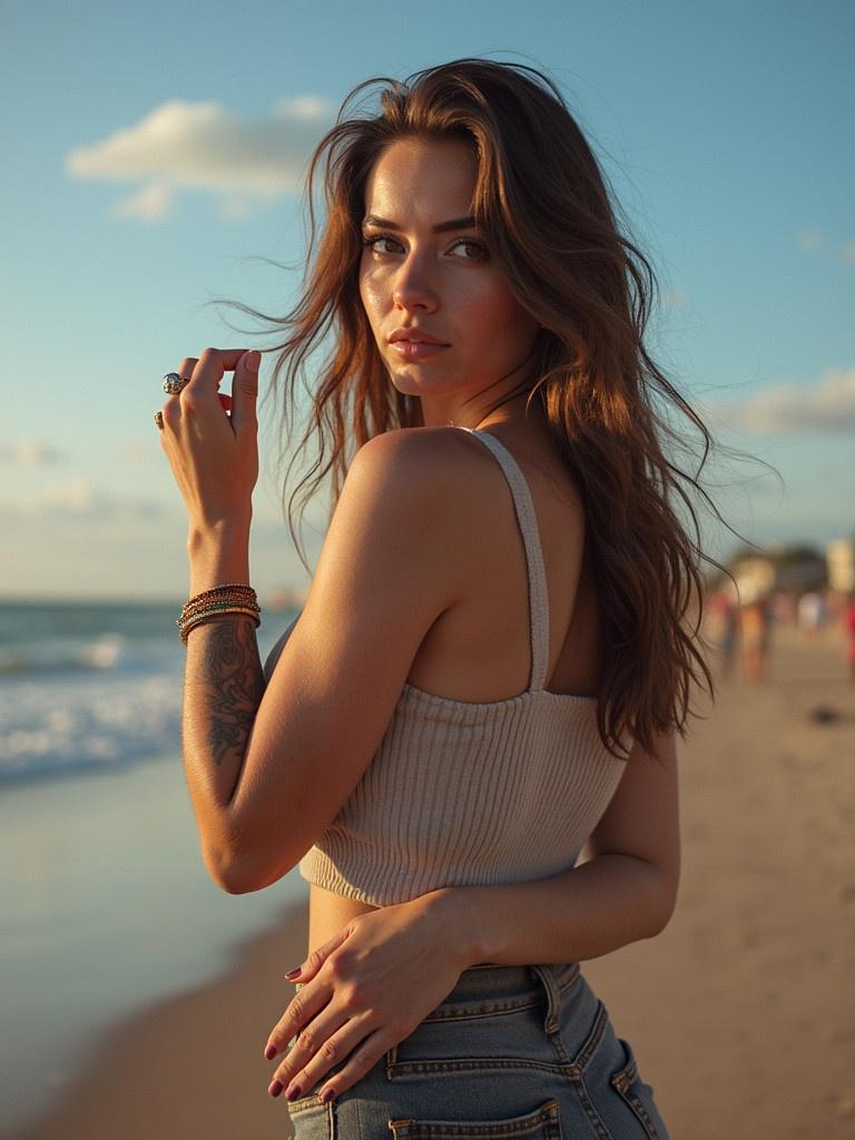 A woman stands on a beach during sunset. The ocean waves gently lap at the shore. The woman has long hair. She is wearing a sleeveless knit top and denim shorts. Her hand is gently touching her hair. She gazes into the distance. The sun casts a warm glow on the scene.