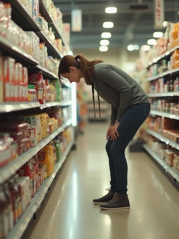 Mother bending over to reach something from a lower shelf in a supermarket. Brightly colored food products in aisles. Captured in a low resolution with pixelation. Bright unnatural colors typical of early filters. Supermarket environment with vibrant displays.