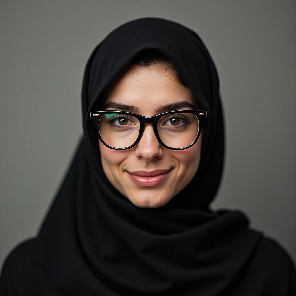 This is a portrait of a woman wearing a niqab and glasses. She is smiling gently, showcasing her confidence. The background is a muted color, keeping the focus on her face. The hijab is in a black shade, complementing her eyewear. The lighting is soft and flattering, giving a warm and inviting feel to the image.