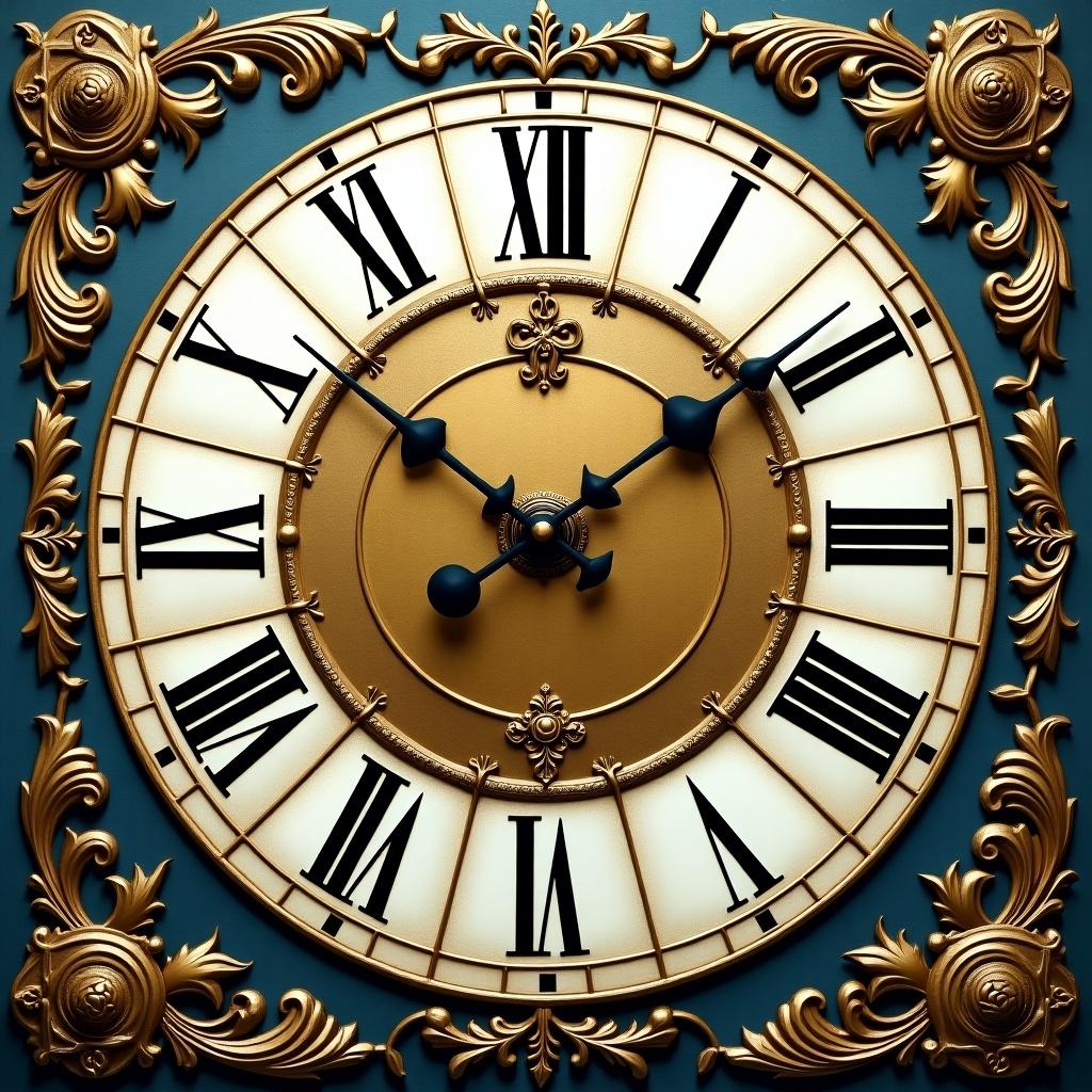 Detailed ornate clock face with Roman numerals. Gold embellishments and intricate floral patterns. Set against a blue background.