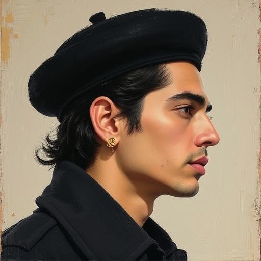 A painted portrait of a man in profile, against a muted neutral background. Black beret covers dark hair. Golden earrings in ears. Defined eyeliner and natural-toned makeup. Multiple paint layers create depth and texture. Thick brushstrokes throughout. Soft diffused lighting highlights facial features and silhouette. Combines Persian miniature painting with abstract expressionism.