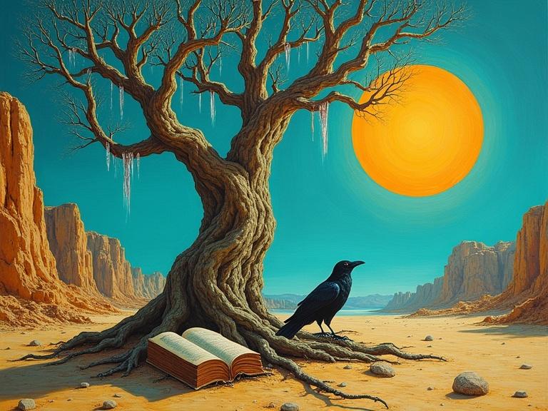 Surreal masterpiece of barren desert landscape with cliffs and mountains. Center features gnarly ancient tree with crystalline tears. A black raven sits at the tree's trunk. An ancient book of secrets lays open at the trunk. Bright yellow sun is behind the tree. Floating stones create a mysterious mirage effect.
