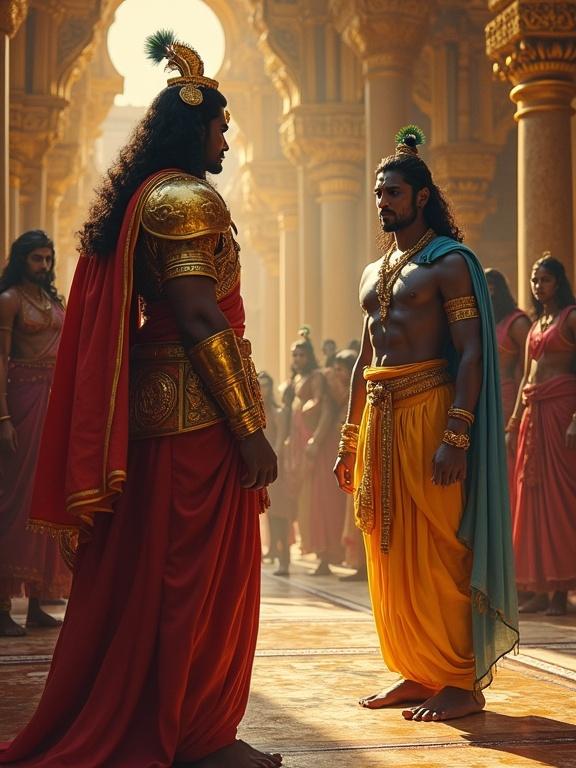 Inside a grand royal palace styled with ancient Indian architecture. Towering golden pillars and detailed celestial carvings create a majestic atmosphere. Karna stands in shock wearing stunning golden armor holding a bow in his left hand. Lord Krishna stands before him dressed in an elaborate yellow dhoti and blue angavastram. Krishna speaks a life-changing truth revealing Karna's true lineage. The background is filled with silent courtiers, creating a tense atmosphere enriched by soft golden light.