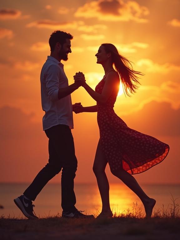 A joyful couple dances during sunset. Man and woman hold hands and smile at each other. Silhouetted against a bright sunset sky.