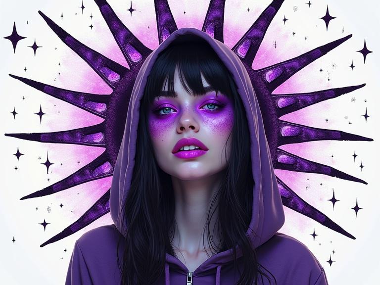 Bright surrealism art portrait in a bright white space. Black fine points as stars. A black and purple star that is the sun. Young feminine woman with no eyes. Wearing a hoodie. Glowing purple grinning mouth. Flowing dark hair. Skin covered with patches of purple stained glass extending outward like blades.