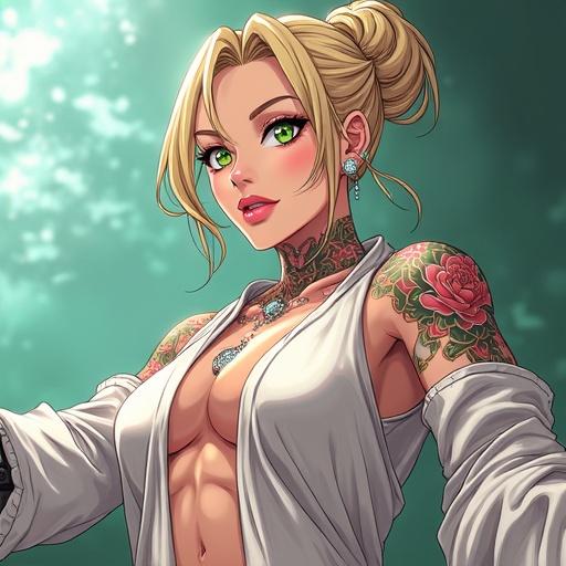Anime character in a luxurious onsen. Woman has emerald green eyes, big breasts, and muscular arms. Elegant light blonde hair in a bun. Wearing pink diamond jewelry and a modern bathrobe. Futuristic and high-tech atmosphere. Beautiful traditional tattoos on arms. Relaxed expression. Co-leader of Kamakiri Ryu Ninja Clan. Summer setting in New Red Cherry Blossom City.