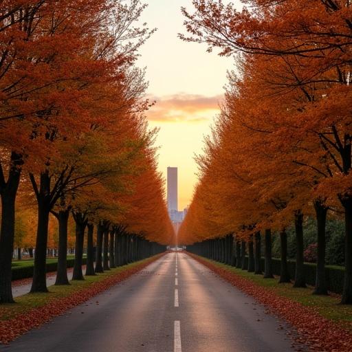 Autumn landscape featuring a long alley surrounded by trees. The scene captures the end of the day with high rise buildings in the background.