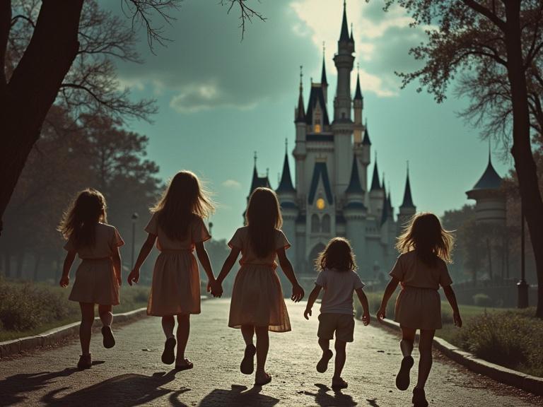 Group of children running towards a magical castle. They hold hands. The setting is backlit. The scene is inspired by the 1980s. Children are silhouettes. Dreamy atmosphere with a fantasy element.