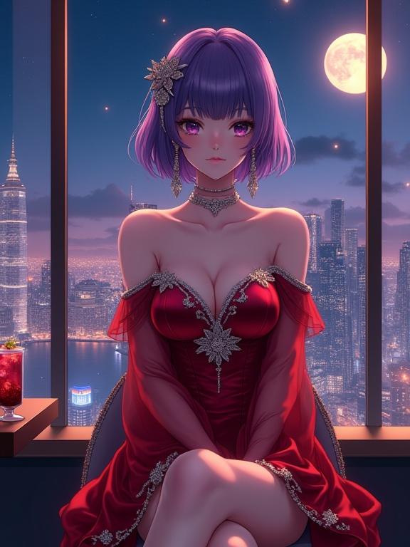 A beautiful woman is sitting in an upscale lounge in front of a large window. She faces forward with a refined posture. Her violet hair complements her sharp violet eyes. She wears an off-shoulder shiny red gown adorned with silver floral patterns. A wine-red cocktail sits on the counter beside her. The city skyline is illuminated against the night sky, with a full moon in view. The scene has a romantic and sophisticated vibe enhanced by cinematic lighting.