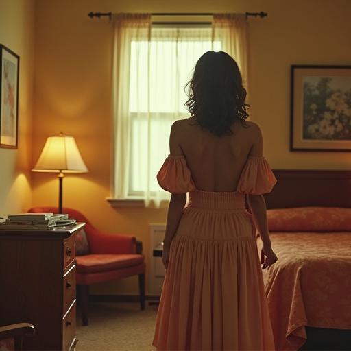 Character in a motel room styled by Alex Prager. Warm lighting creates a cozy atmosphere. Character wearing a backless dress stands in focus. Vintage furniture adds charm.