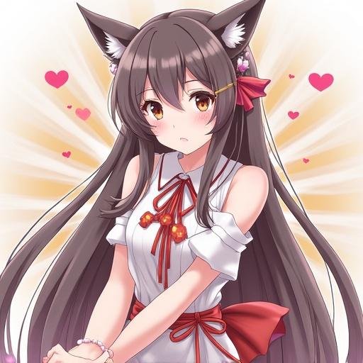 Anime girl with cat ears stands in a cute outfit. She has long dark brown hair and a shy expression. Hearts fill the background, creating a romantic atmosphere.