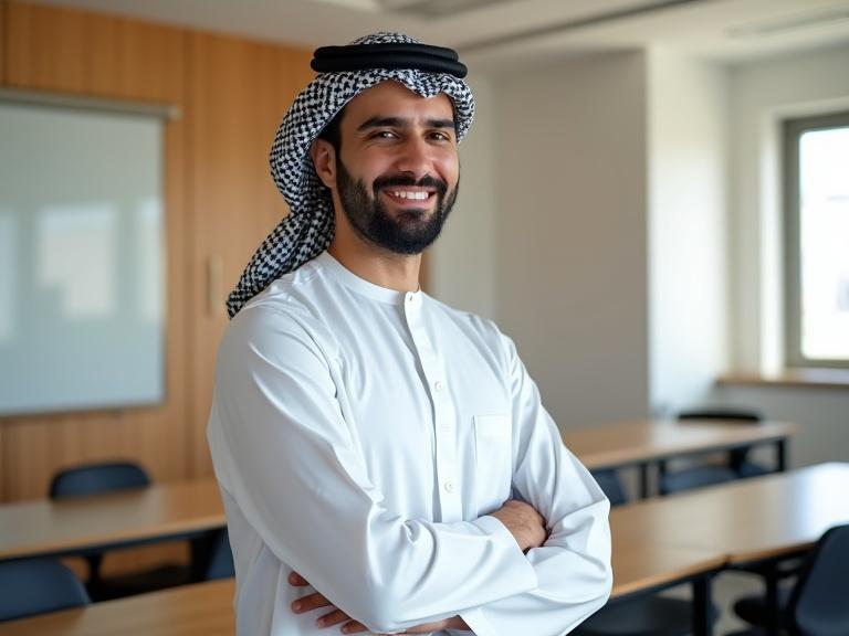 American shot in a modern classroom showing an Omani male teacher. Teacher is 55 years old. Teacher wears a traditional white dishdasha and a patterned turban. Teacher stands confidently with arms crossed. Natural light from windows creates a bright environment. Classroom is elegant and designed for elite education. Hyper-realistic imaging.