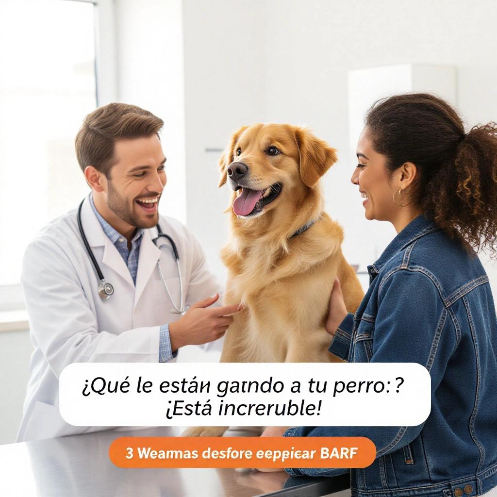 Vet examining a shiny dog in a clinic. Dog looks energetic. Owner smiles. Vet shows surprised expression. Clean environment with good lighting. Text overlay included.