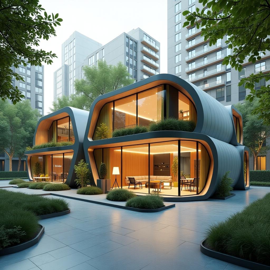 Modern architecture featuring curvy designed buildings surrounded by greenery and urban landscape.