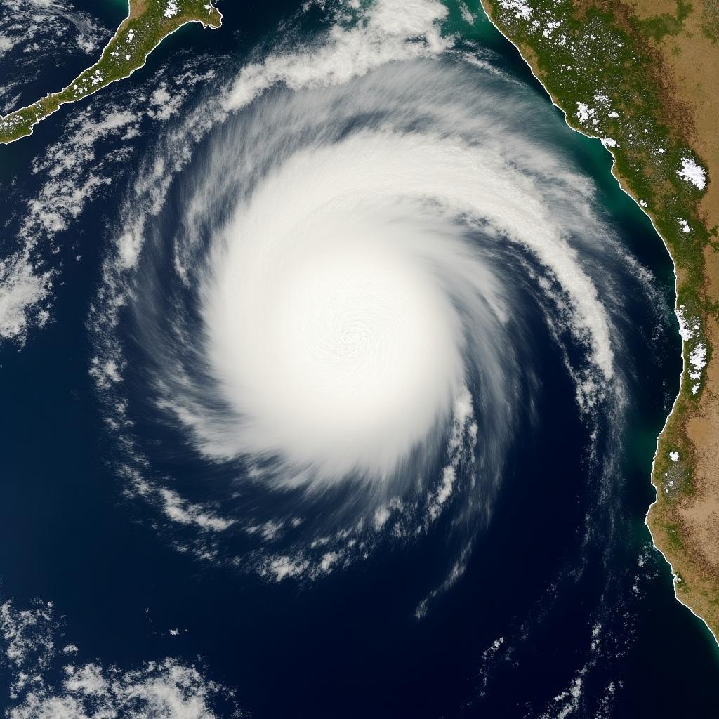 Satellite image shows powerful cyclone over ocean by landmass. Large spiral cloud formation dominates the scene. Deep blue waters surround the cyclone. Green and tan landmass visible along the edge.