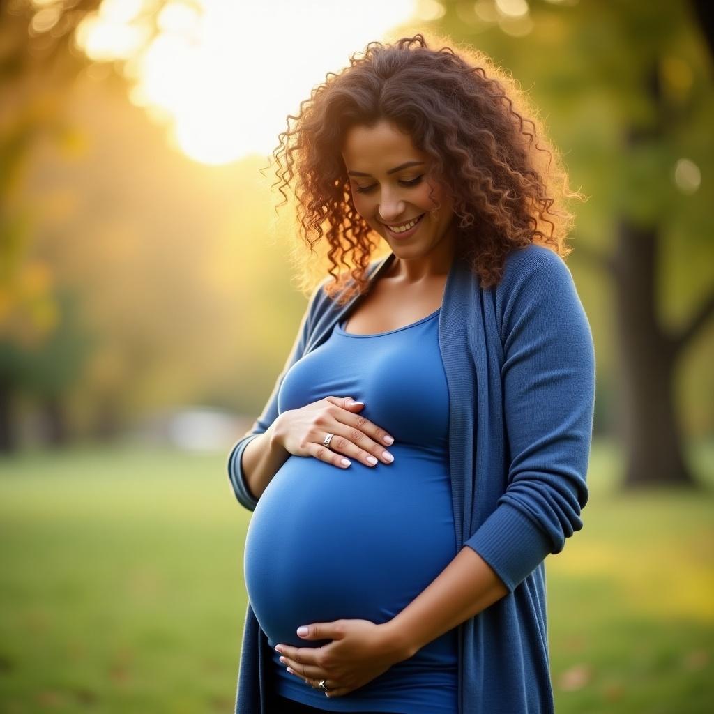 Image depicts a visibly pregnant woman in an outdoor setting. She wears a blue top and cardigan. She cradles her round belly with both hands. The background is blurred, emphasizing her figure amidst soft natural light. The scene conveys warmth and love.