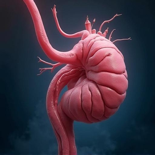 Artistic rendering of a surreal human organ with a unique shape. The structure appears oversized with a fleshy texture and extending components. The background is dark, enhancing the vivid colors of the organ. Designed to engage viewers in an artistic and educational context.