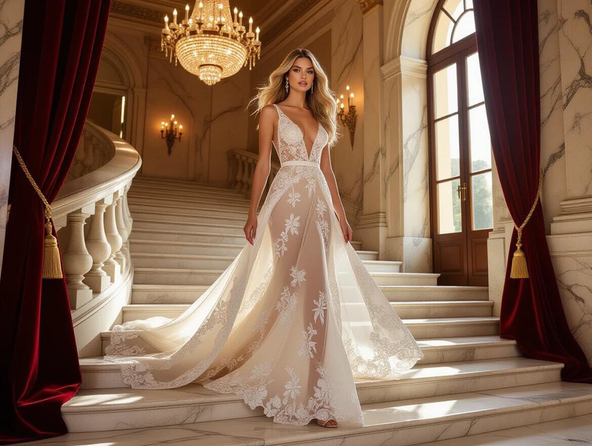 A supermodel strolls down a marble staircase. She wears a flowing Louis Vuitton gown with lace and floral embroidery. The dress fits snugly around her figure. Hair flows in loose waves. Soft sunlight filters through windows. Luxurious environment with chandeliers and velvet drapes. The scene conveys elegance and sophistication. Classic fashion photography style captured with a DSLR and 50mm lens.