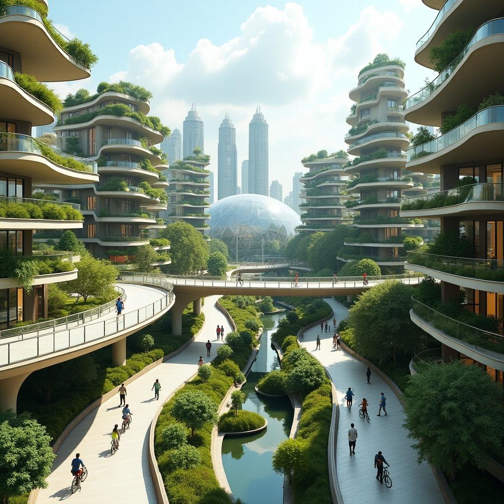 Overview of a futuristic smart city with sustainable features. The city integrates technology, nature, and community well-being. Highlight modular eco-friendly homes, advanced transportation, green spaces, smart governance, and inclusivity concepts. Depict futuristic buildings, vertical gardens, and bike lanes in a harmonious layout.