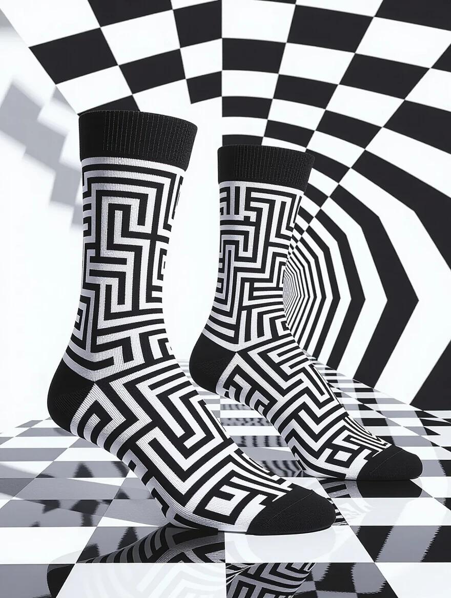 Close-up of black and white no-show socks. Socks feature impossible geometric mazes. M.C. Escher-inspired patterns with interlocking pathways. Designed with hints of gold and a checkerboard floor. Shot with dramatic high-contrast lighting. Creative photography techniques reveal depth illusions. Ideal for fashion and art contexts.