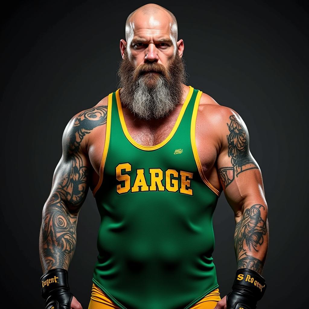 A muscular pro wrestler with a bald head and a grey beard. He has tattoos and is wearing a green singlet with yellow and black trim. The singlet has the text 'Sarge' on it and a Sargent logo.