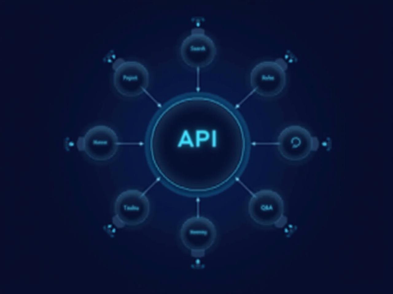 This digital illustration showcases a central circle labeled 'API' against a dark blue background. Six arms extend from the central circle, each leading to smaller circles with specific labels: 'Search', 'Projects', 'Roles', 'Uploads', 'Memberships', and 'Q&A'. The design features high-tech elements, with glowing lines connecting the circles, creating a smooth and modern aesthetic. This image is suitable for tech presentations or educational content related to APIs. The overall appearance is sleek and futuristic, appealing to a technology-savvy audience.