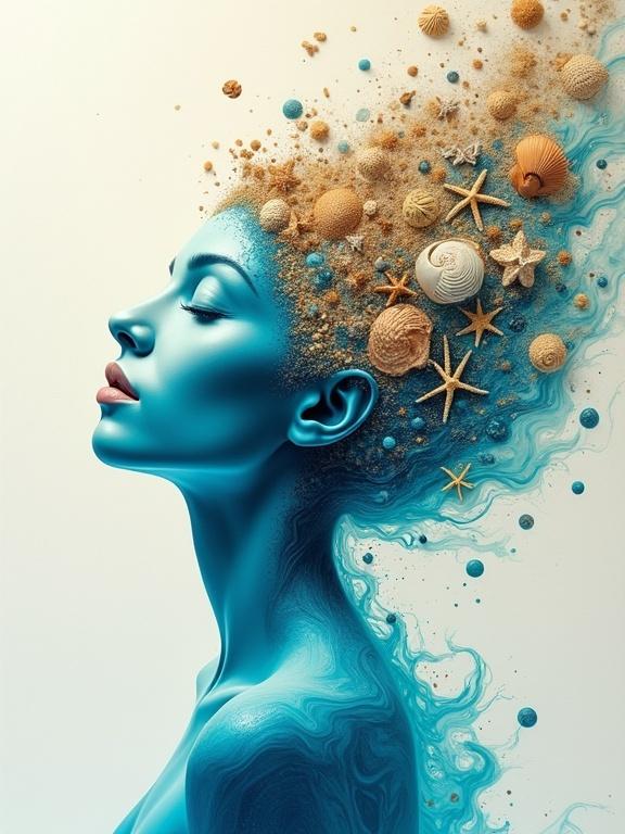 Surreal portrait of a peaceful woman in profile. Eyes gently closed. Body sculpted from marbled waves of cerulean blue and turquoise. Seashells and coral fragments emerging from her head. Soft lighting illuminating the scene. Exploration of nature and inner peace.