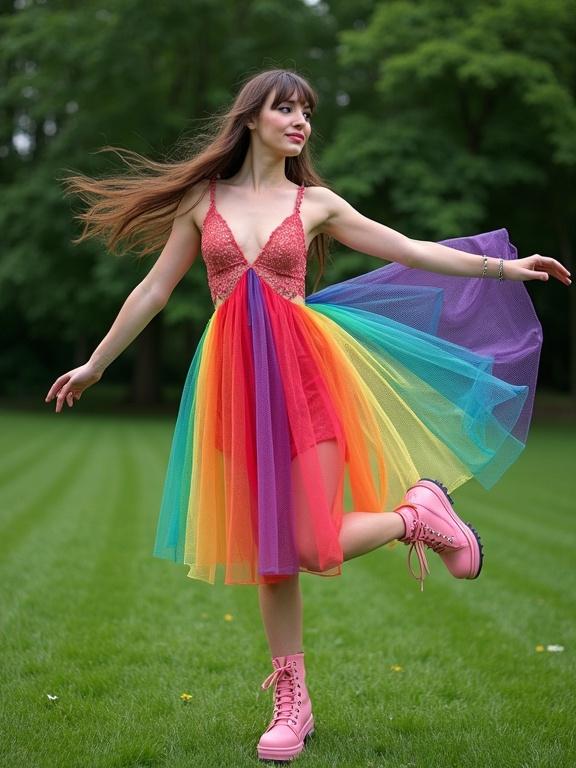 Image of a woman in a rainbow fishnet dress in a grassy area. She stands with one leg raised and arms outstretched. The dress flows out with a gradient of colors. Soft and diffused light enhances the scene. Lush greenery surrounds her. Platform shoes are pastel pink. Aesthetic evokes joy and freedom.