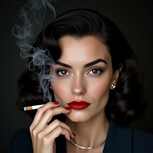 Photograph of a woman with dark wavy hair styled in 1940s fashion. She wears a dark outfit and holds a cigarette near her face. Smoke from the cigarette is visible. Woman has dark brown eyes well-defined eyebrows and red lipstick. Her expression is serious. Skin is fair and she has a small silver necklace. Background is dark. Cigarette has light brown filter held between thumb and index finger with red nails. Smoke is white and wispy. Overall color palette is muted with dark backgrounds and light highlights.