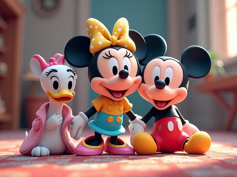 Disney characters in 3D vibrant and playful illustration. Features Mickey Mouse Minnie Mouse and Daisy Duck in a colorful setting. Emphasis on their joyful expressions and vibrant attire.