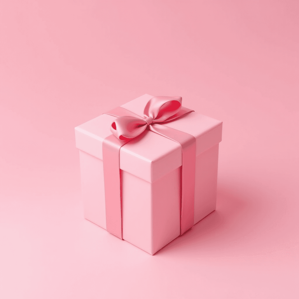 A pink gift box with a shiny ribbon sits against a matching pink background.