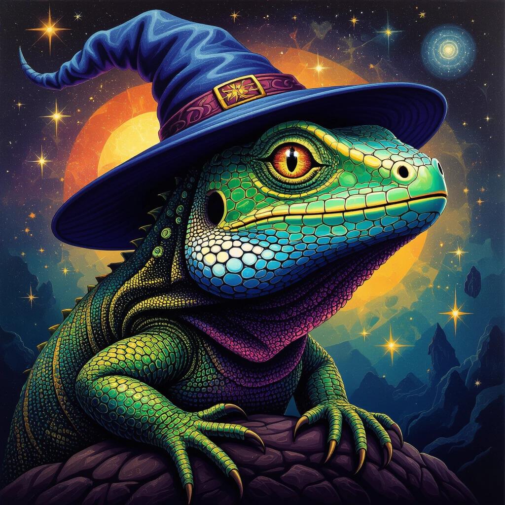 A vibrant lizard depicted as a wizard. Detailed scales and a colorful hat. A cosmic background of stars and planets surrounds the lizard. Bright and engaging art style that resembles Alex Gray's work.