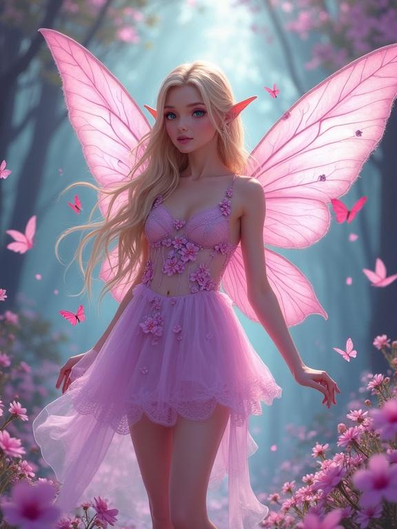 The central figure is a young woman with long blonde hair styled in loose waves. She has pointed ears suggesting elven quality. Her skin is pale and expression serene. Wearing a short pink dress adorned with flowers. The dress translucent in places showing her legs. Lower part flows into train. Delicate embellishments on arms. Large pink wings extend from her back with intricate patterns. Background is a vibrant forest scene with shades of purple and green. Small butterflies flutter around. Soft magical lighting with a dreamlike quality. Highly stylized artwork reminiscent of anime or fantasy art.